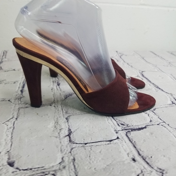 Vtg 70s wine suede gold slides disco heels - Picture 8 of 13